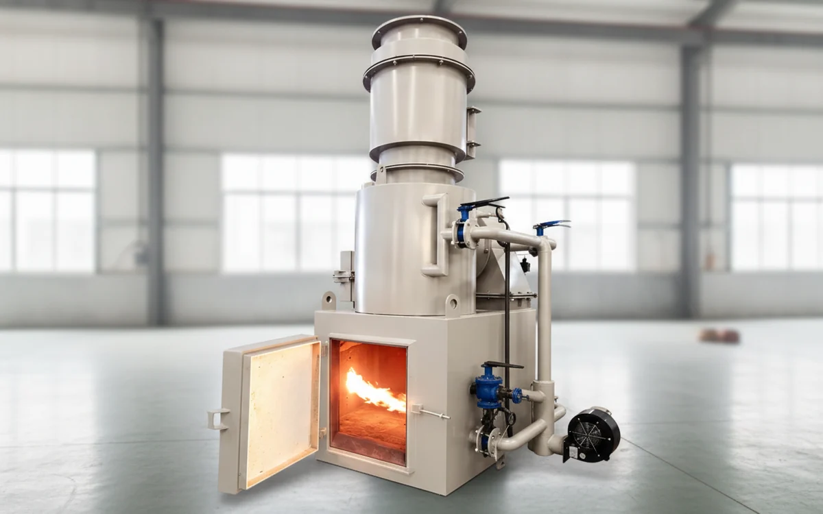 A medical waste incinerator with its charging door open and the combustion chamber glowing, in a workshop