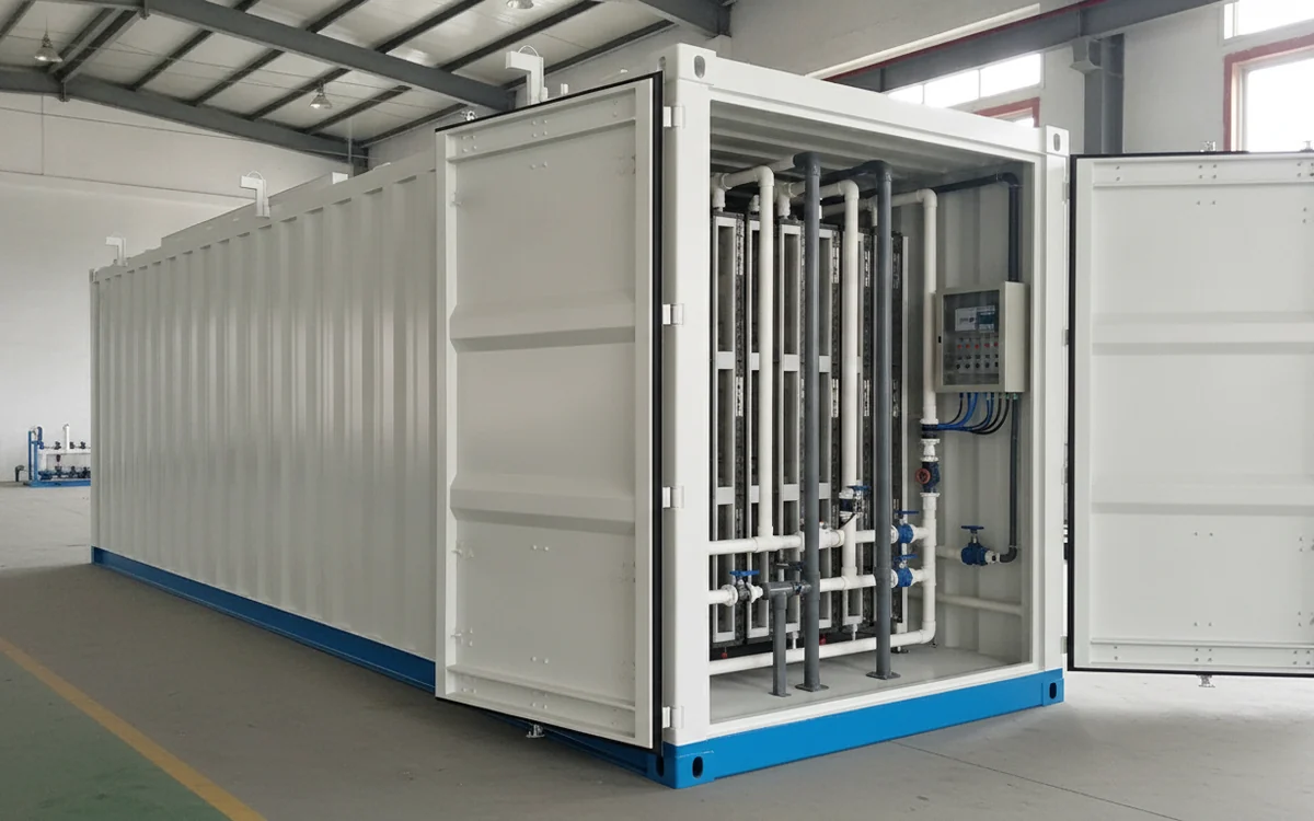 A containerised MBR module with a side access panel open, revealing the membrane cassettes and pipework inside