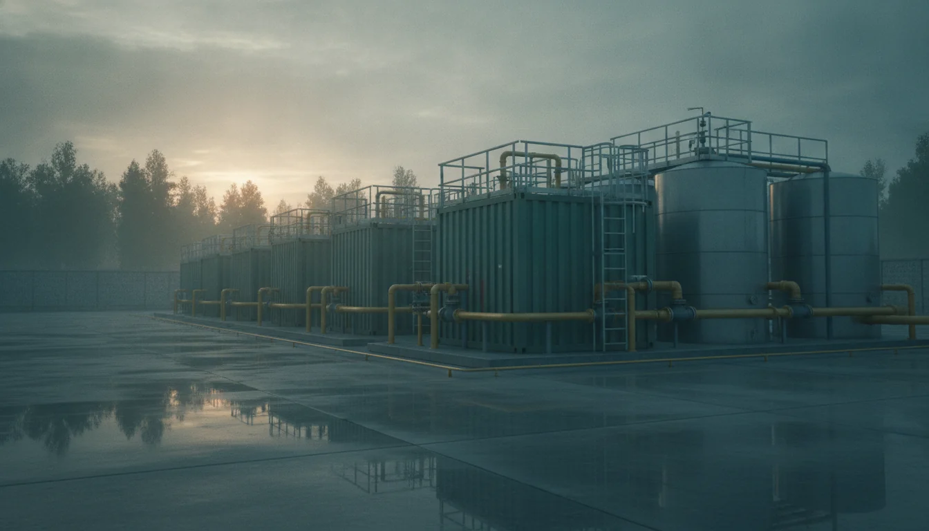 Containerised treatment modules and steel tanks on a wet concrete apron at a wastewater treatment works