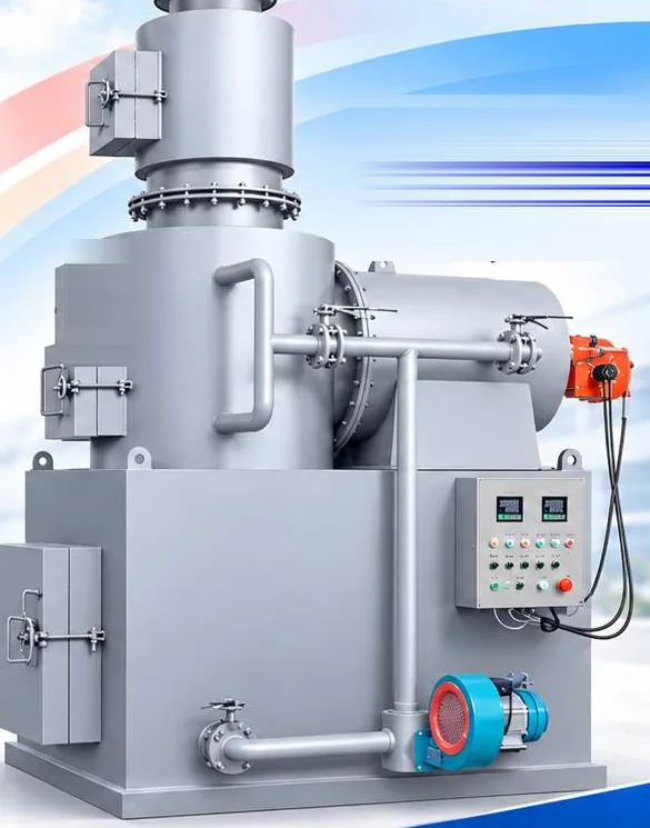 A two-chamber animal carcass incinerator with its control panel and combustion air fan