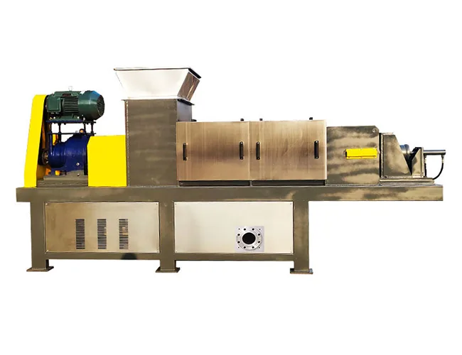 Screw press dewatering machine with stainless steel pressing cylinder, screw and drive on a frame
